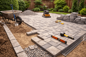Installation de pavés en cours